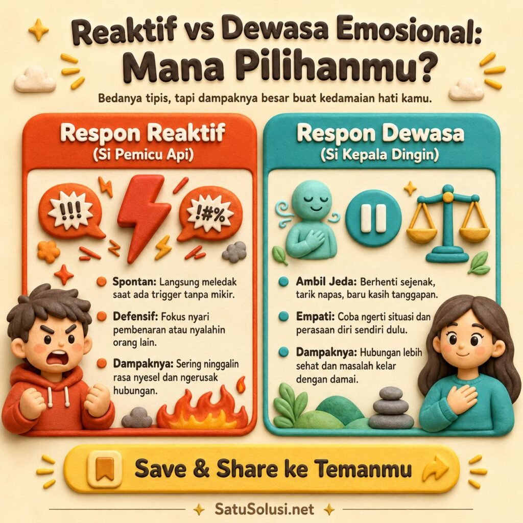 Infografis emotional maturity tentang perbedaan respons reaktif dan respons matang.