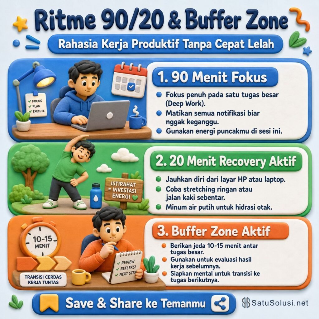 Sistem Kerja Berkelanjutan untuk Hidup Seimbang 3 Infografis ritme 90/20 dan buffer zone aktif untuk sistem kerja berkelanjutan