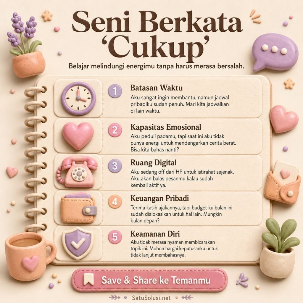 Infografis boundaries sehat dalam relasi berisi contoh script kalimat batasan yang sopan dan jelas.