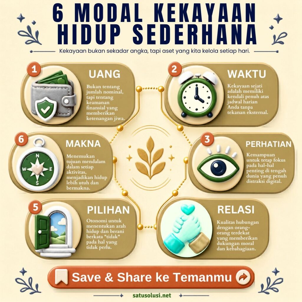 Infografis hidup sederhana dengan enam modal kekayaan yaitu uang, waktu, perhatian, relasi, pilihan, dan makna