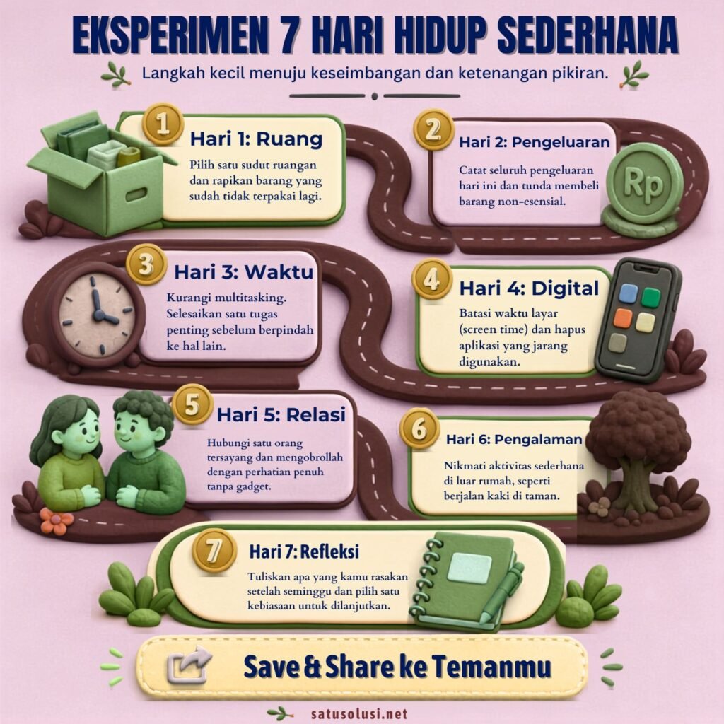 Infografis hidup sederhana dengan eksperimen tujuh hari untuk ruang, uang, waktu, digital, relasi, pengalaman, dan refleksi