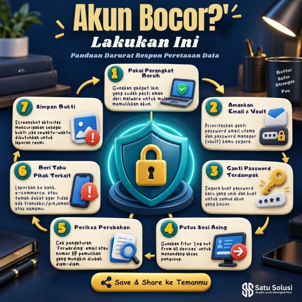 Infografis respons kebocoran untuk kelola password dan memulihkan akun lebih aman