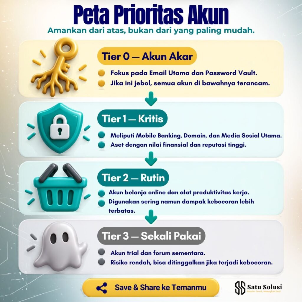 Infografis kelola password berdasarkan prioritas akun akar, akun kritis, akun rutin, dan akun sekali pakai.