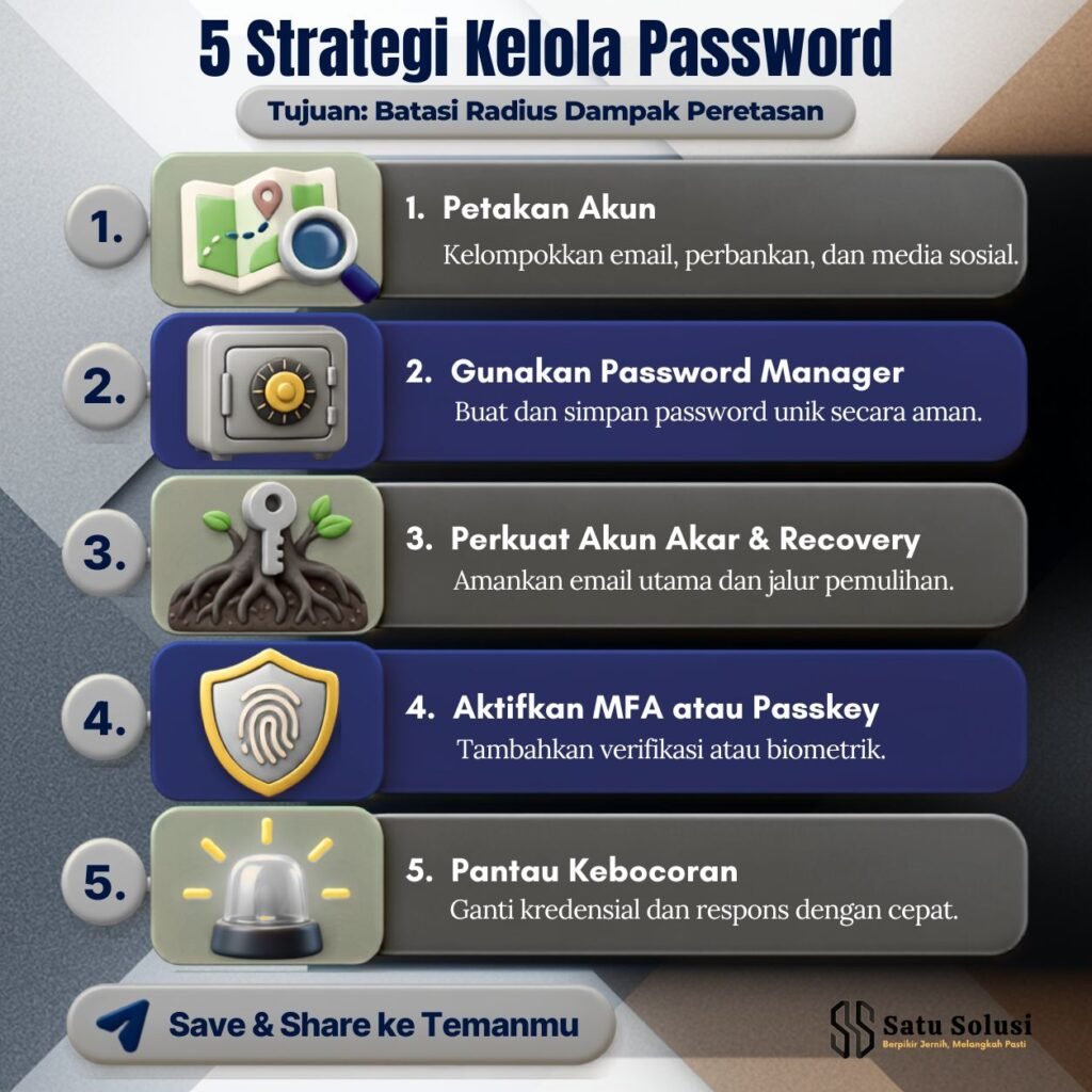 Infografis 5 strategi kelola password agar akun lebih aman dalam lima lapisan perlindungan.