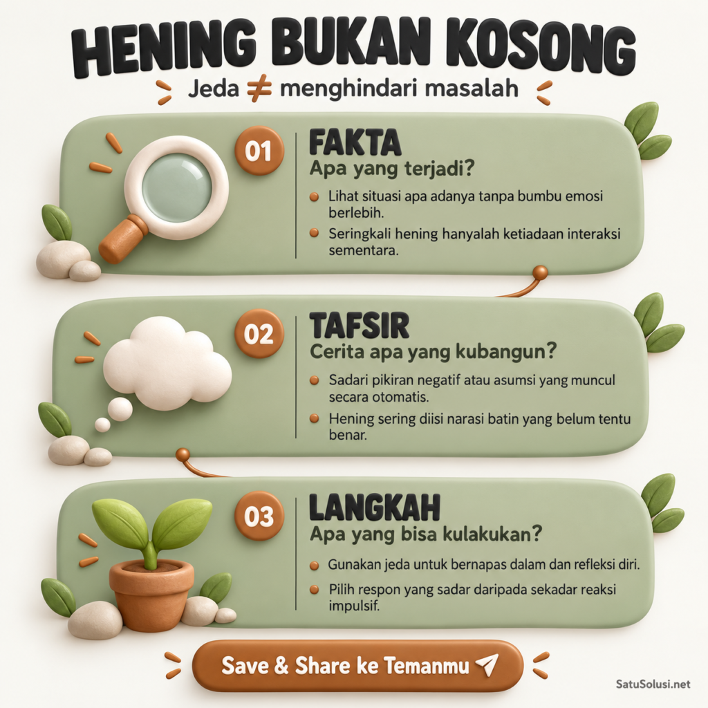 5 Momen Hening yang Sering Membuka Jalan Baru 1 momen hening membantu membedakan fakta, asumsi dan langkah yang dapat dikendalikan