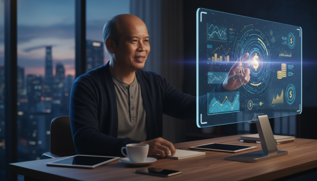 Strategi monetisasi blog 2026 tanpa AdSense menampilkan seorang profesional pria bekerja dengan layar monitor canggih bertema pendapatan digital.