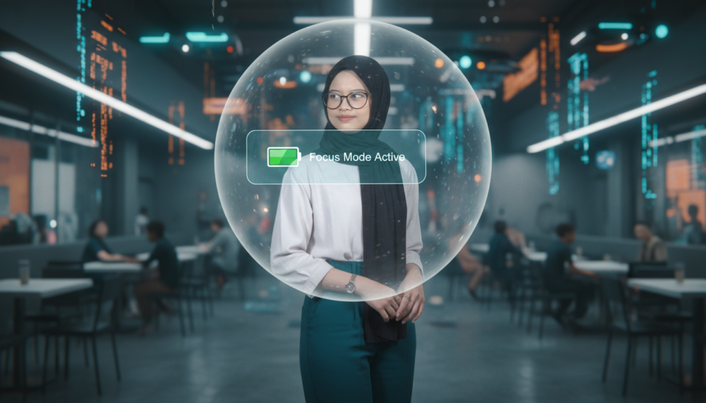 Seorang profesional social stamina untuk introvert yang tenang mengelola social stamina di era hyper-networking 2026 dengan bantuan asisten AI dan batasan energi yang jelas.