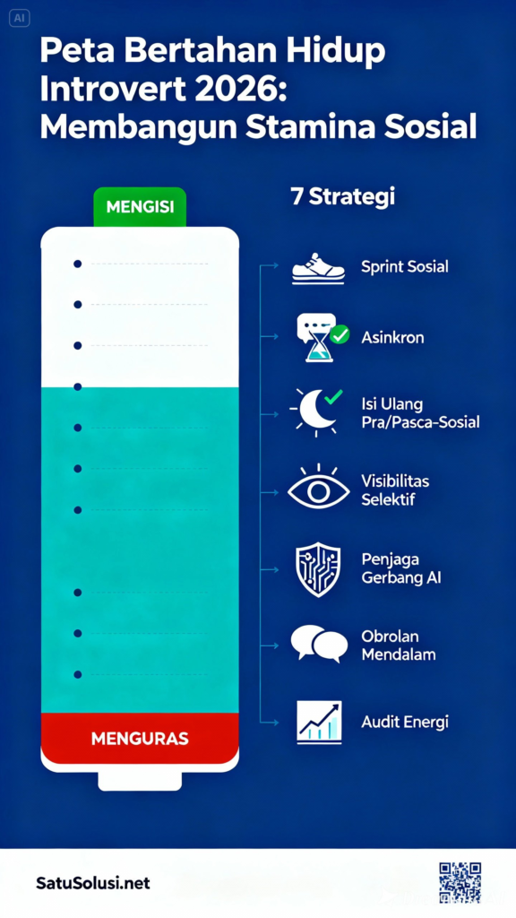 Infografis rangkuman 7 strategi membangun social stamina untuk introvert di era hyper-networking 2026, mencakup teknik social sprints, komunikasi asynchronous, dan audit energi mingguan dari SatuSolusi.net.