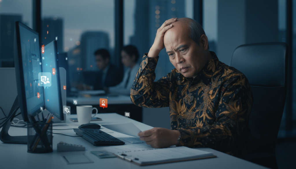 Ilustrasi profesional mengalami burnout kerja di lingkungan digital