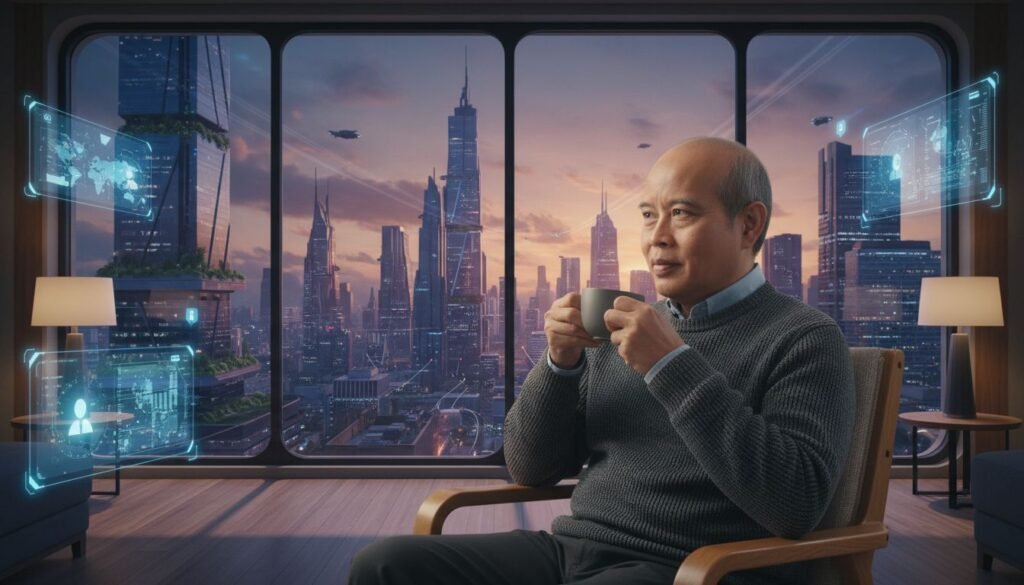 Seorang profesional duduk tenang di apartemen futuristik tahun 2026, mengabaikan tampilan data hologram di sekelilingnya sambil memegang cangkir.