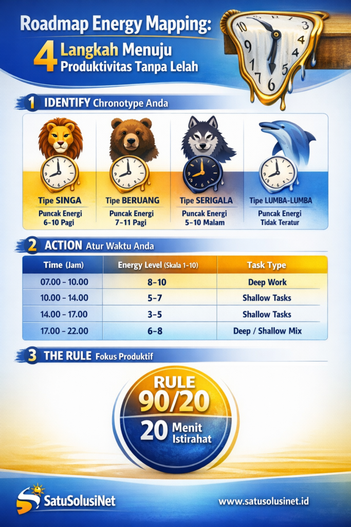 Infografis panduan teknik energy mapping berdasarkan bioreitme sirkadian untuk meningkatkan produktivitas kerja di SatuSolusiNet