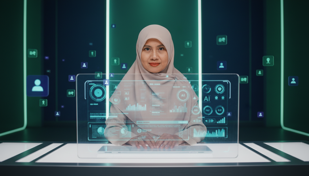 Seorang profesional wanita duduk tenang sedang bekerja di depan layar hologram minimalis, sementara di sekelilingnya ribuan ikon notifikasi AI yang melayang tampak kabur dan menjauh, menciptakan efek bokeh yang artistik.