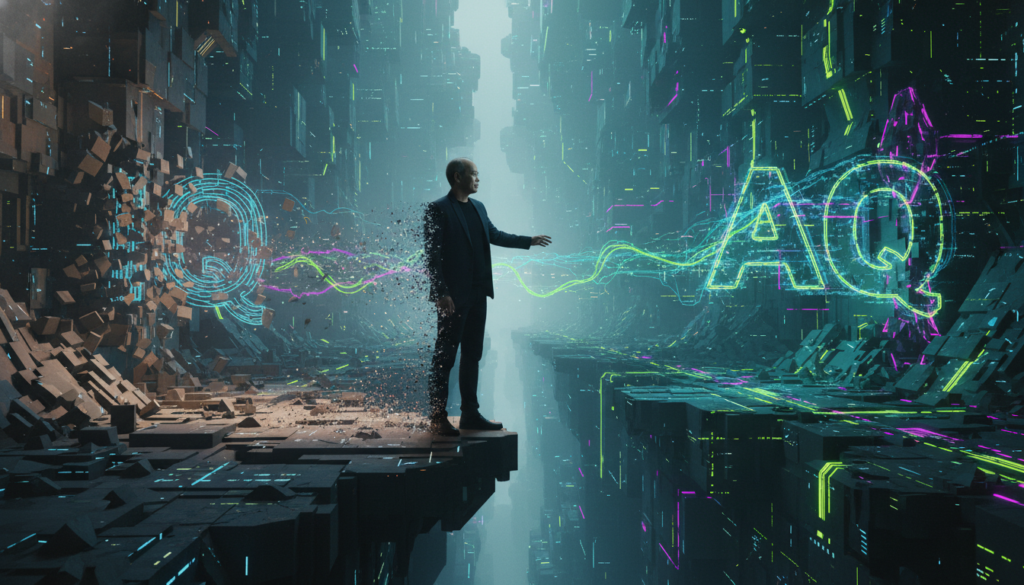 Ilustrasi seorang profesional melakukan transisi dari dunia kerja konvensional (IQ) ke ekosistem digital adaptif (AQ) tahun 2026.