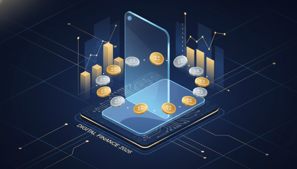 Ilustrasi futuristik tentang filosofi uang digital dan investasi cerdas di tahun 2026.