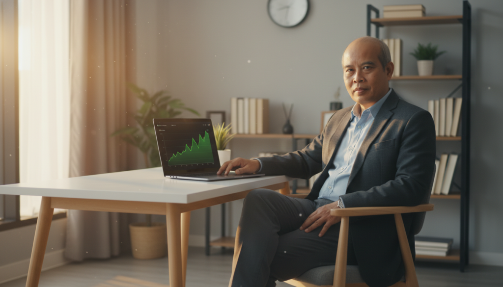 Seorang solo-preneur sukses bekerja di kantor minimalis tahun 2026 menggambarkan kemandirian finansial.