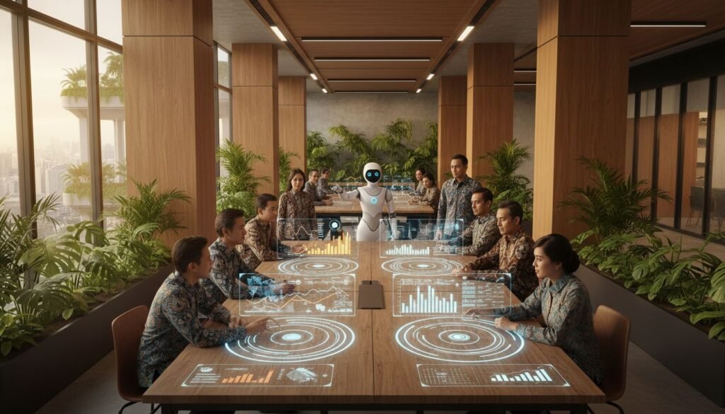 Profesional pria dan wanita di Indonesia sedang berdiskusi di depan antarmuka hologram canggih yang menampilkan visualisasi data ekonomi digital 2026.