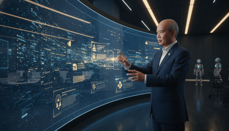 Ilustrasi futuristik seorang pakar strategi konten berinteraksi dengan antarmuka hologram Google SGE (Search Generative Experience) tahun 2026, menunjukkan sinergi antara kecerdasan buatan dan sentuhan manusia dalam menghadapi masa depan SEO 2026