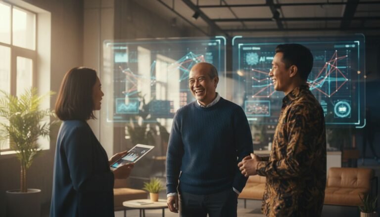 Sekelompok profesional berinteraksi secara autentik di kantor modern 2026, menonjolkan sisi kemanusiaan di era AI.