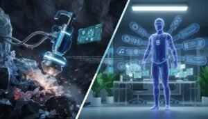 Ilustrasi perbandingan antara spesialis (satu alat besar) dan generalis (set alat serbaguna) dalam lingkungan futuristik AI.