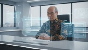 Ilustrasi kantor masa depan yang menerapkan Sistem GTD 2026 dengan bantuan AI untuk produktivitas maksimal.