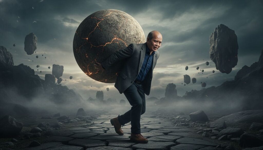 Ilustrasi sinematik seseorang memegang beban dunia di punggungnya, mewakili bahaya Hero Complex.