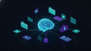 Ilustrasi sistem otak kedua yang menghubungkan pikiran manusia dengan berbagai aplikasi manajemen pengetahuan digital dalam nuansa futuristik.