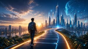 Ilustrasi seorang profesional yang siap menghadapi era AI dengan strategi self-improvement 2026 yang komprehensif.