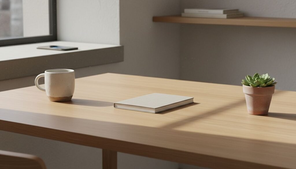 Ilustrasi meja kerja yang tenang sebagai manifestasi dari penerapan konsep Digital Minimalism.