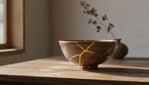 Gambar mangkuk keramik Jepang dengan retakan emas Kintsugi sebagai simbol Filosofi Wabi-Sabi