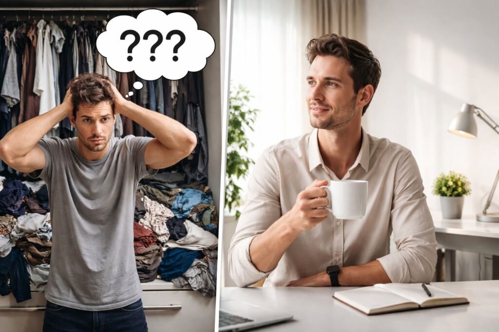 Ilustrasi kontras antara kelelahan mental akibat Decision Fatigue saat memilih baju dengan kejernihan pikiran di ruang minimalis.