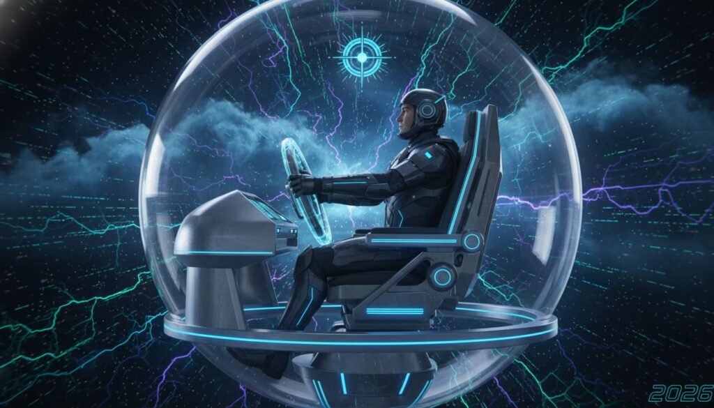 Ilustrasi seseorang yang mengendalikan arah hidupnya di tengah badai informasi digital sebagai simbol Mindset Locus of Control.