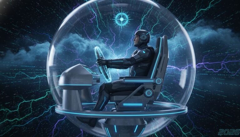 Ilustrasi seseorang yang mengendalikan arah hidupnya di tengah badai informasi digital sebagai simbol Mindset Locus of Control.