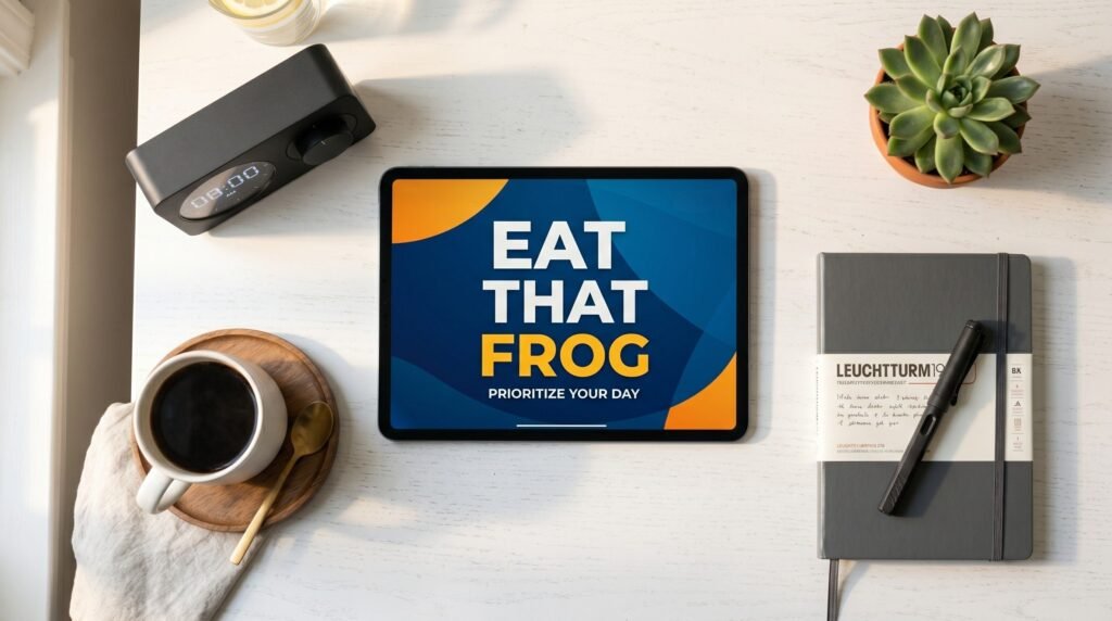 Ilustrasi meja kerja pagi hari yang produktif sebagai representasi Teknik Eat That Frog untuk menyelesaikan tugas terberat dengan bebas distraksi.