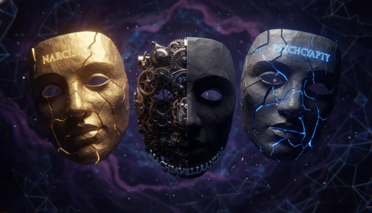 Ilustrasi tiga topeng yang mewakili kepribadian narsisme, makiavelianisme, dan psikopati dalam konsep The Dark Triad.