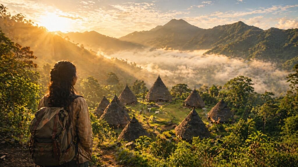 7 Rahasia Wisata Budaya Desa Adat: Obat Stres Ampuh dan Perjalanan Mencari Diri 1 Ilustrasi seorang solo traveler menatap keindahan desa adat Wae Rebo di Flores saat matahari terbit sebagai simbol wisata budaya desa adat untuk obat stres dan perjalanan batin.