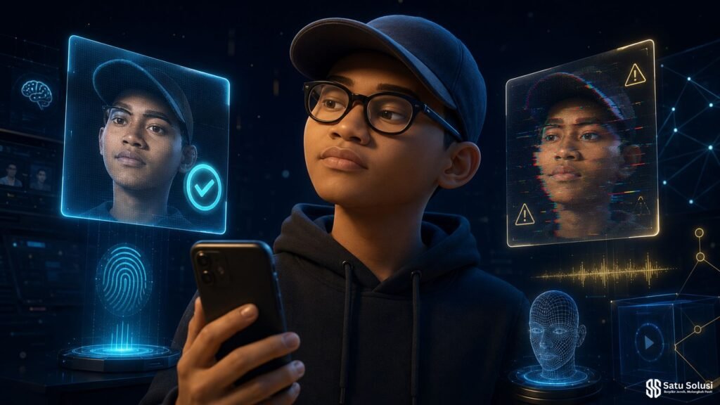 Etika deepfake 2026 dalam visual pria Indonesia memeriksa informasi asli dan manipulasi digital