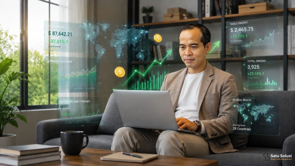 Pria asia yang fokus bekerja menggunakan laptop di ruang tamu modern, mencetak income online tanpa jadi influencer lewat keahlian digital dan analisis sistem otomatis.