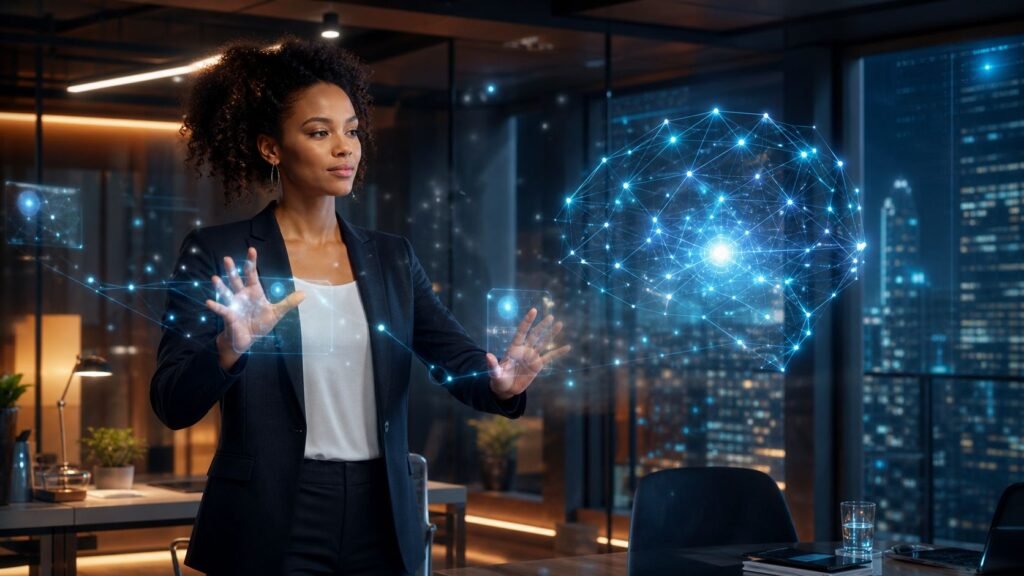 7 Powerful Skills AI-Augmented yang Membuat Anda Tak Tergantikan oleh Robot di 2026 4 Seorang profesional yang tak tergantikan sedang mengendalikan antarmuka cerdas, merepresentasikan penguasaan skill ai-augmented di masa depan kerja 2026.