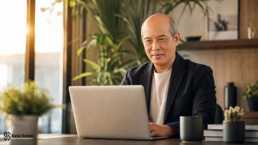 Kisah Inspiratif "Late Bloomers": Mengapa Sukses di Usia 50 Tahun Tetap Luar Biasa 2 Pria profesional asal Asia yang meraih sukses di usia 50 tahun sedang bekerja mandiri menggunakan laptop di ruang kerjanya, membuktikan kematangan mental di era digital.
