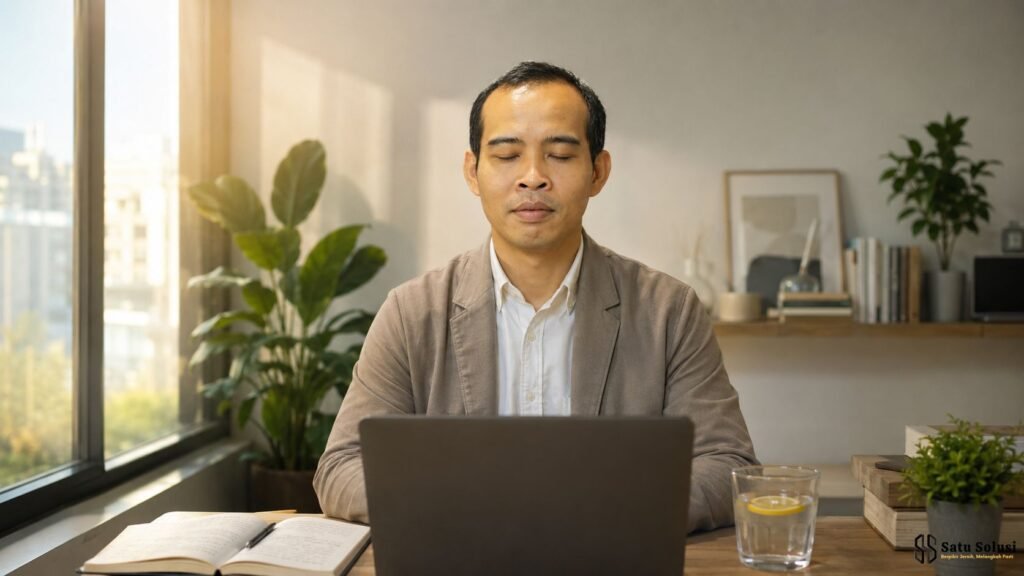 Eksekutif profesional menerapkan rutinitas pagi produktif orang sukses dengan fokus meditasi dan jurnal sebelum memulai deep work harian.