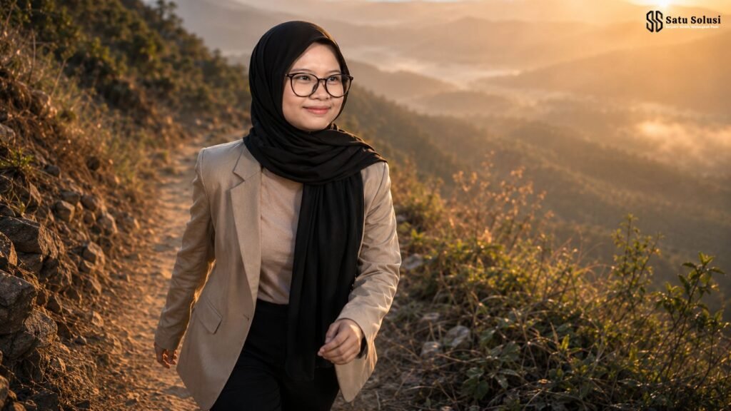 Ilustrasi seorang profesional wanita tangguh yang terus berjalan menanjak saat matahari terbit, merepresentasikan the power of yet dalam mengatasi kegagalan.