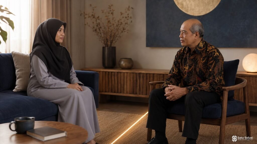 Ilustrasi boundaries sehat dalam relasi melalui percakapan tenang dan saling menghormati.