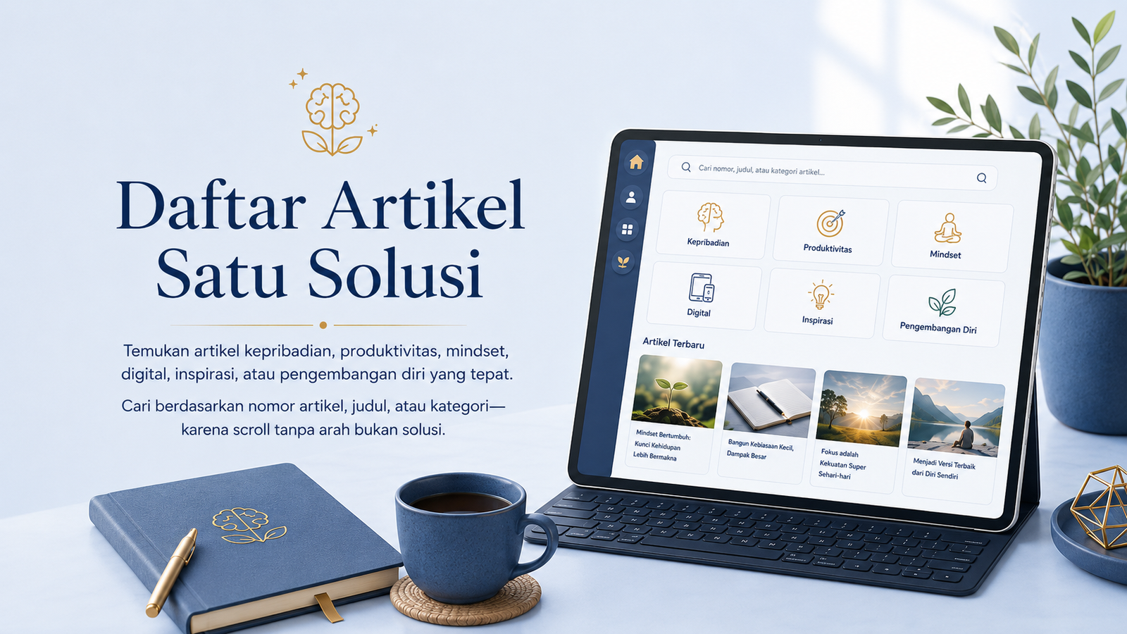 Hero image Daftar Artikel Satu Solusi dengan latar biru lembut, menampilkan judul besar di sisi kiri dan tablet di sisi kanan yang memperlihatkan tampilan direktori artikel dengan kategori kepribadian, produktivitas, mindset, digital, inspirasi, dan pengembangan diri.