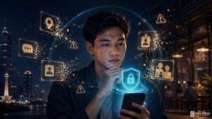 Ilustrasi risiko oversharing online yang merusak reputasi digital dan privasi pribadi