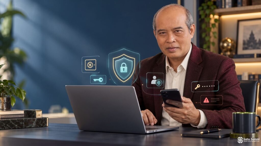Ilustrasi 5 strategi kelola password agar akun lebih aman dengan password manager, MFA, passkey, dan pemulihan akun.